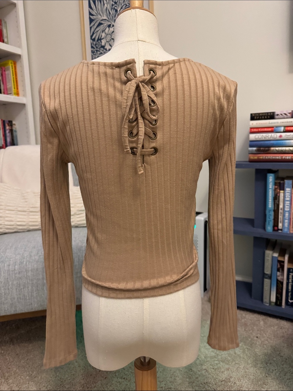 Forever 21 Ribbed Long-Sleeve Scoop Neck Top — Beige